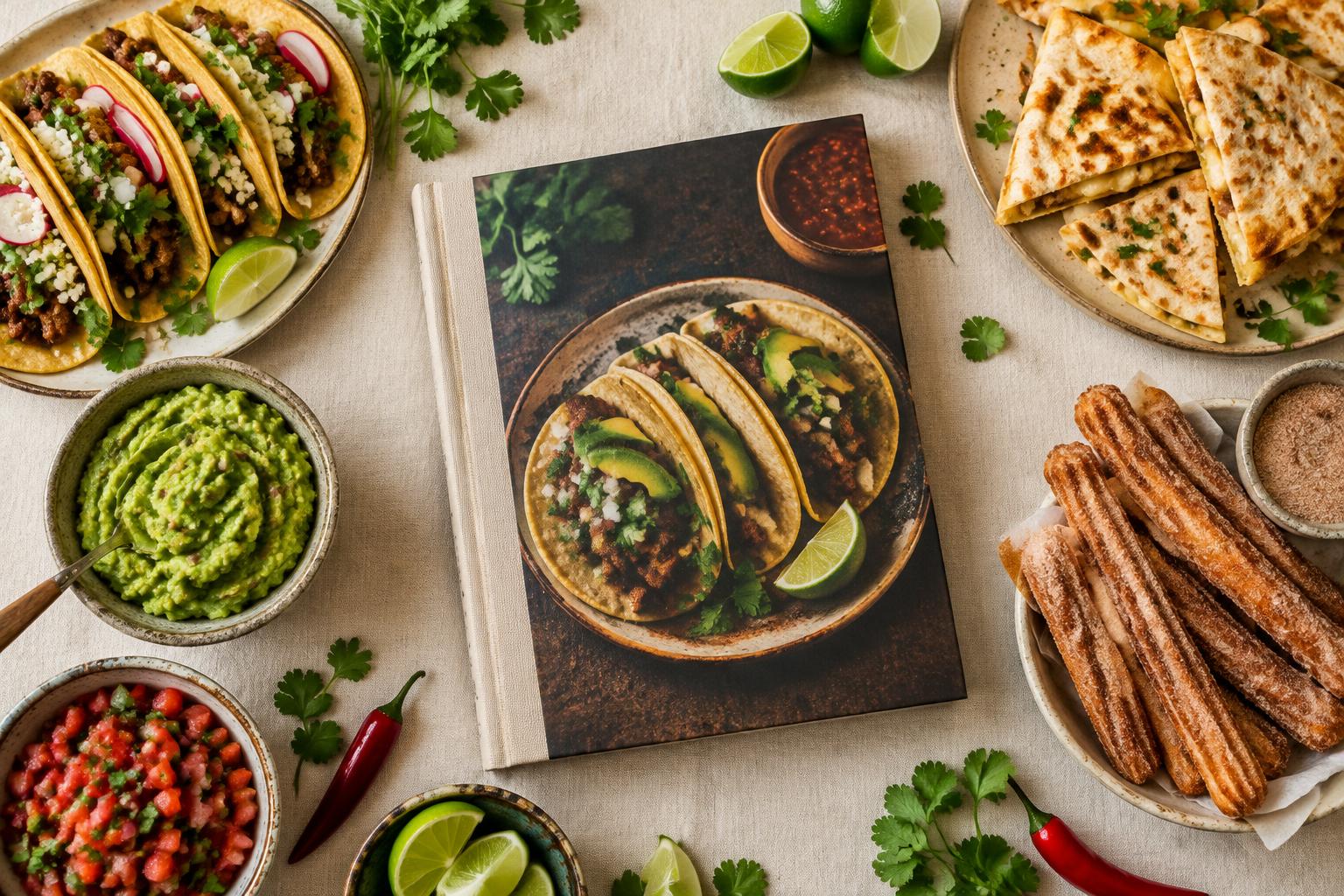 The LetsDFY cookbook surrounded by tacos, quesadillas, guacamole, salsa and churros